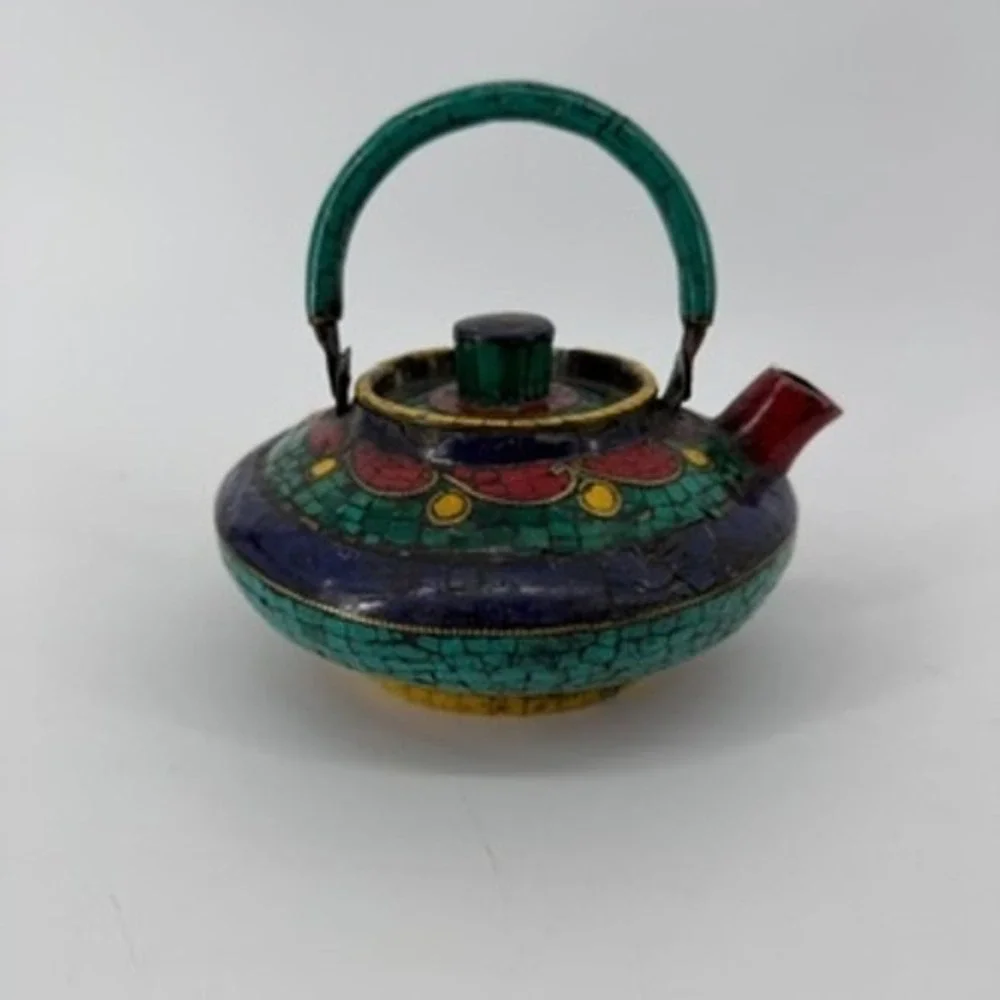 Vintage Tibetan Style Metal Teapot Turquoise Lapis Mosaic Inlay Decorative Pot